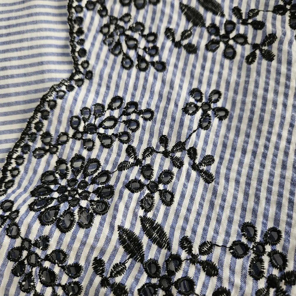 Zara Boho Blue Blouse Small Embroidered Short Puff Sleeves Seersucker Top
